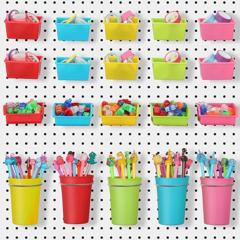 Yookeer 20 Pcs Pegboard Bins and Cups with Hooks and Loops Peg Assortment Organizer Accessories Various Tool Organizer Pegboard Baskets Set for Garage Workshop Workbench Office(Mixed Color) - Image 1